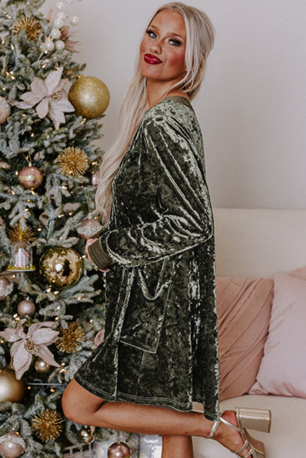 Jungle Green Velvet Long Sleeve V Neck Loose Dress with Pockets - Velvet Stardust Co.
