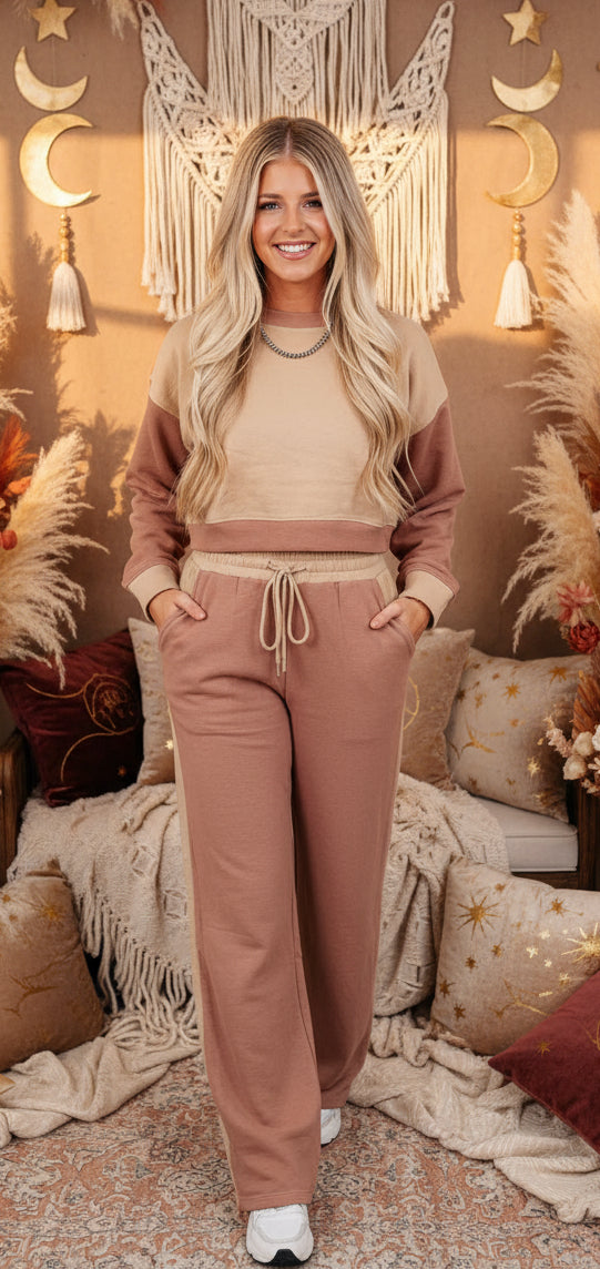 Khaki Color Block Long Sleeve Crop Top Drawstring Pant Set - Velvet Stardust Co.