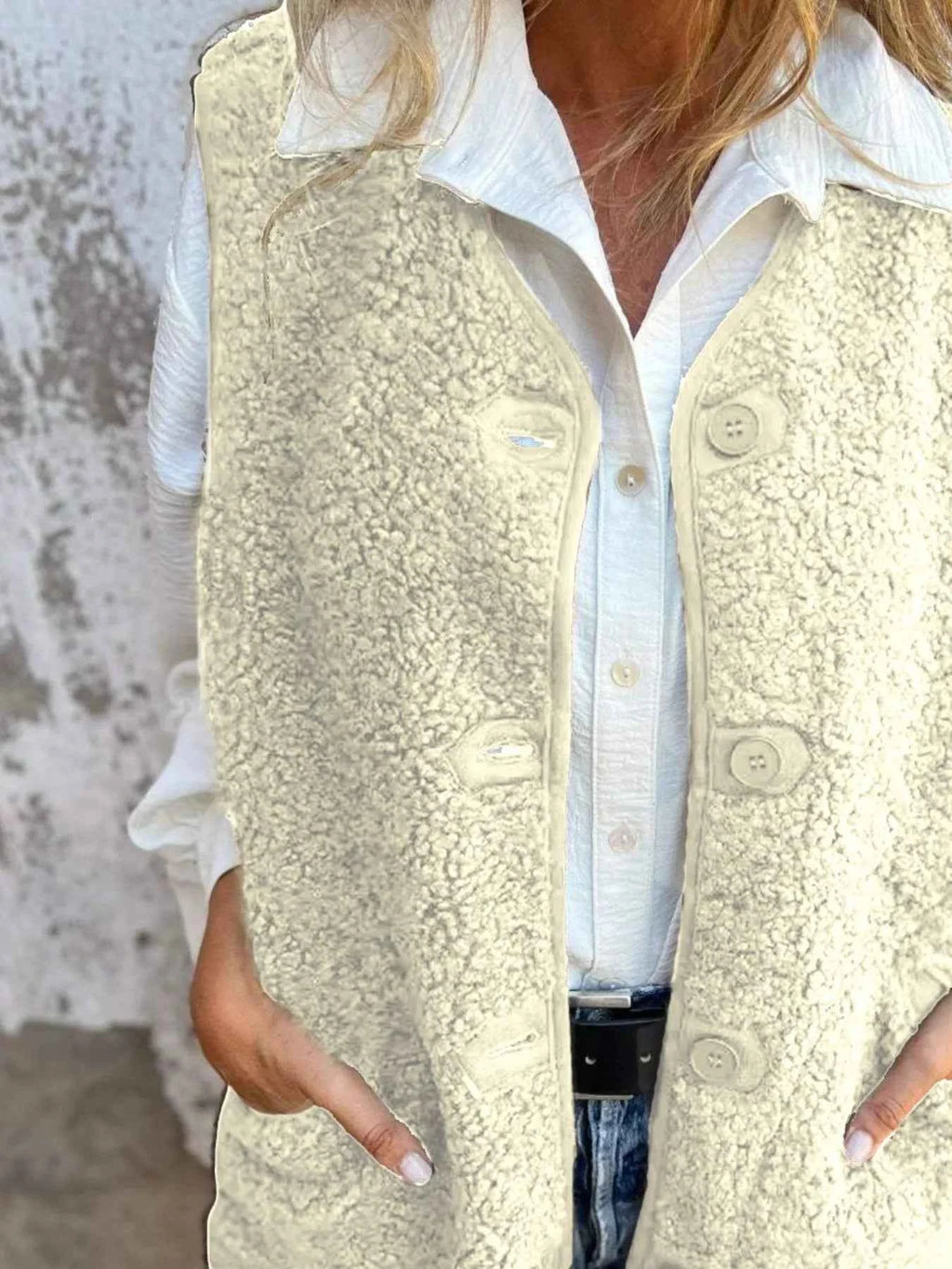 Full Size Cozy Sherpa Fleece Button-Up Vest Coat with Pockets Plus Size - Velvet Stardust Co.