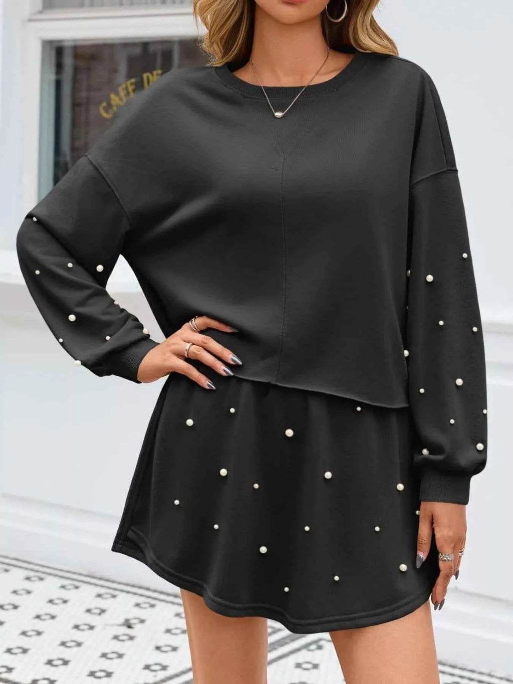 Pearl Embellished Round Neck Top and Skort Set - Velvet Stardust Co.