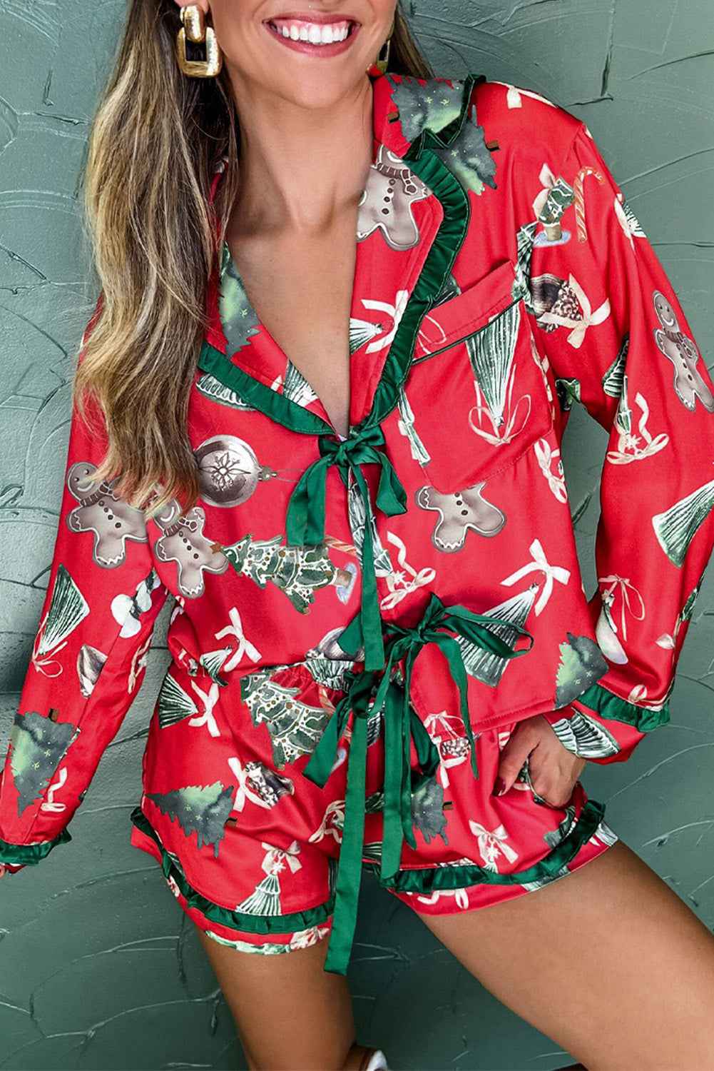 Red Christmas Print Contrast Frill Trim Ribbon Bow Pajama Set - Velvet Stardust Co.