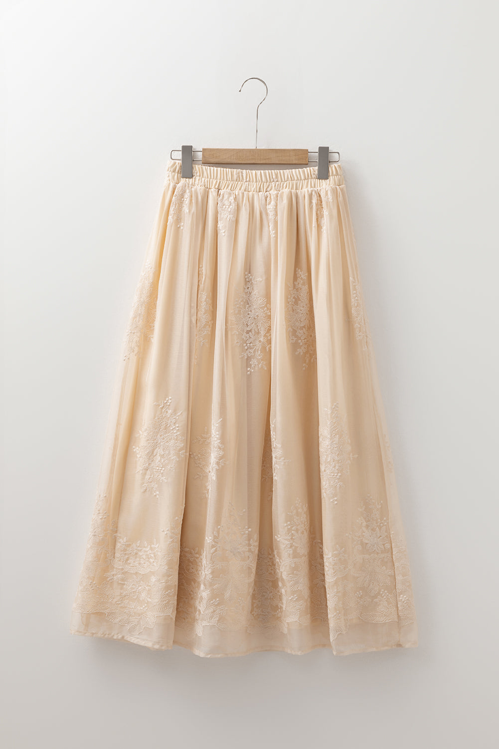 Oatmeal Embroidered Mesh Overlay Flowy Long Skirt - Velvet Stardust Co.