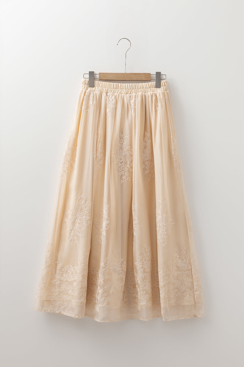 Oatmeal Embroidered Mesh Overlay Flowy Long Skirt