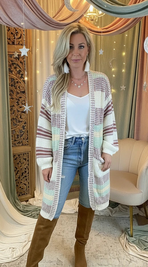 Striped Open Front Longline Cardigan - Velvet Stardust Co.