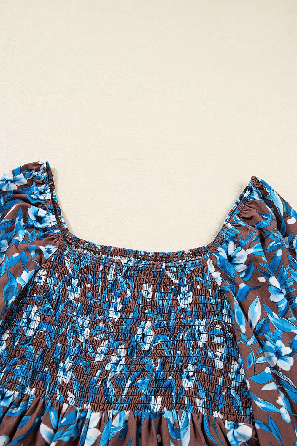 Blue Smocked Bodice High Waist Ruffled Sleeve Floral Dress - Velvet Stardust Co.