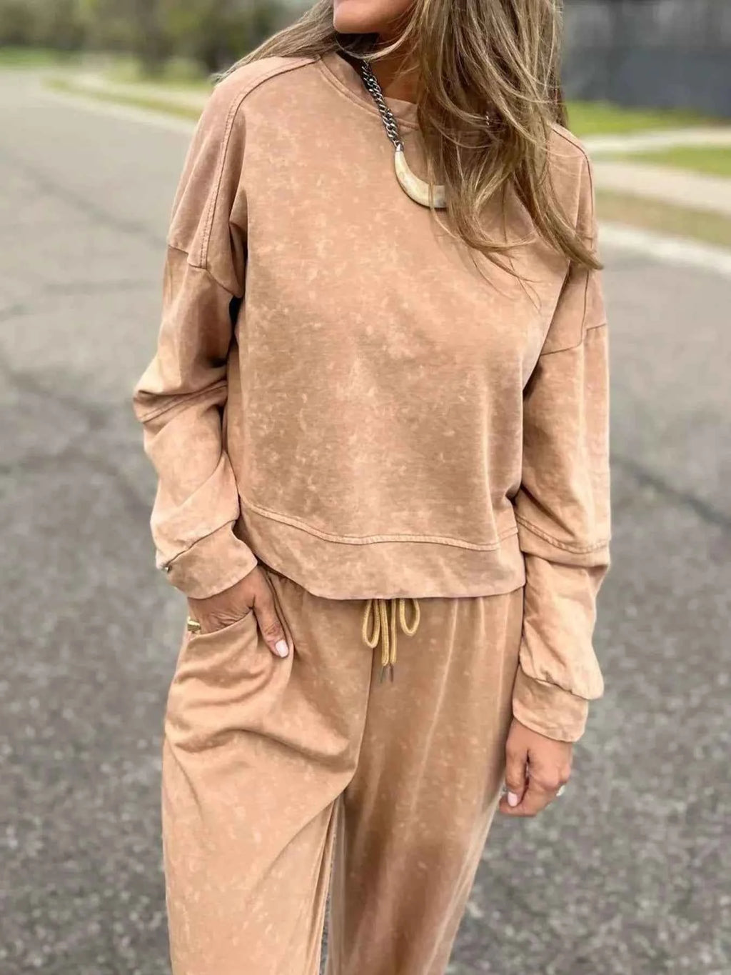 Full Size Washed Round Neck Top and Drawstring Pants Set Plus Size - Velvet Stardust Co.