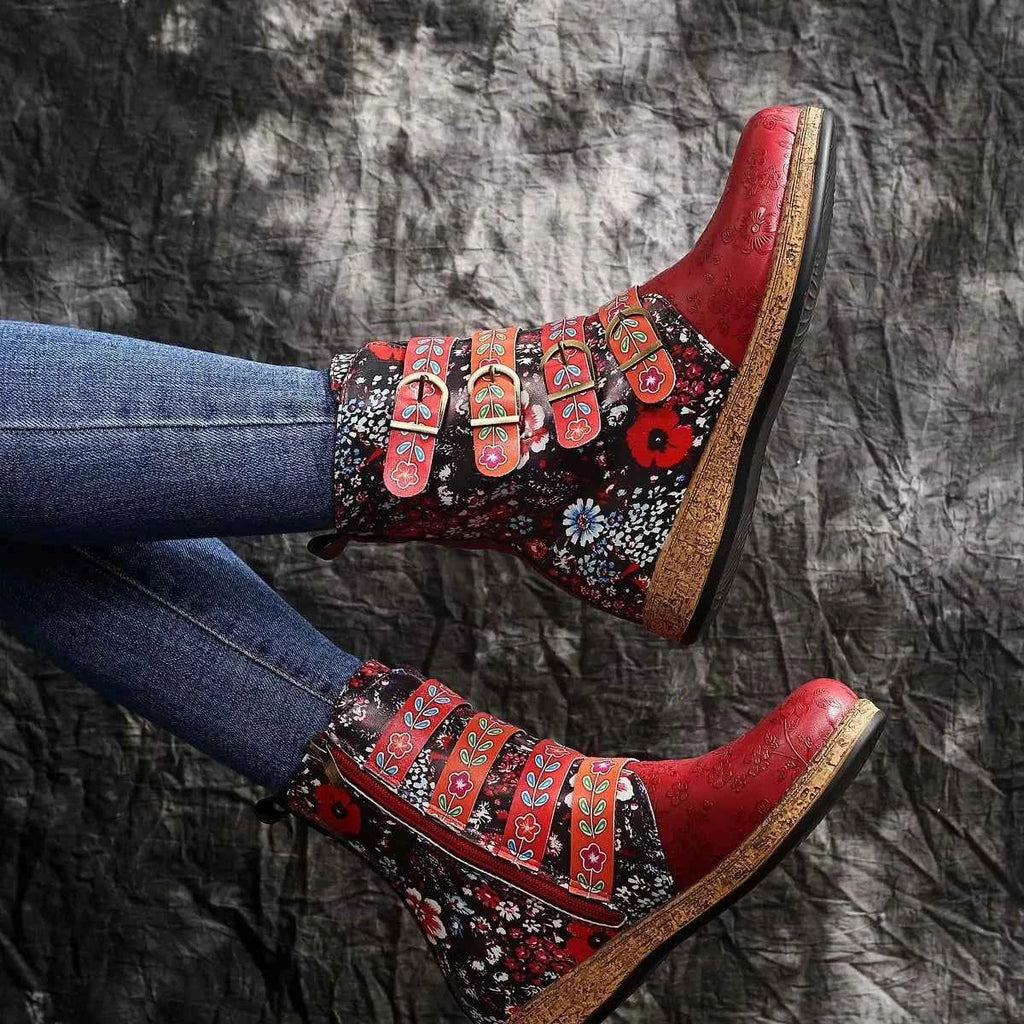 Embroidered Round Toe Boots