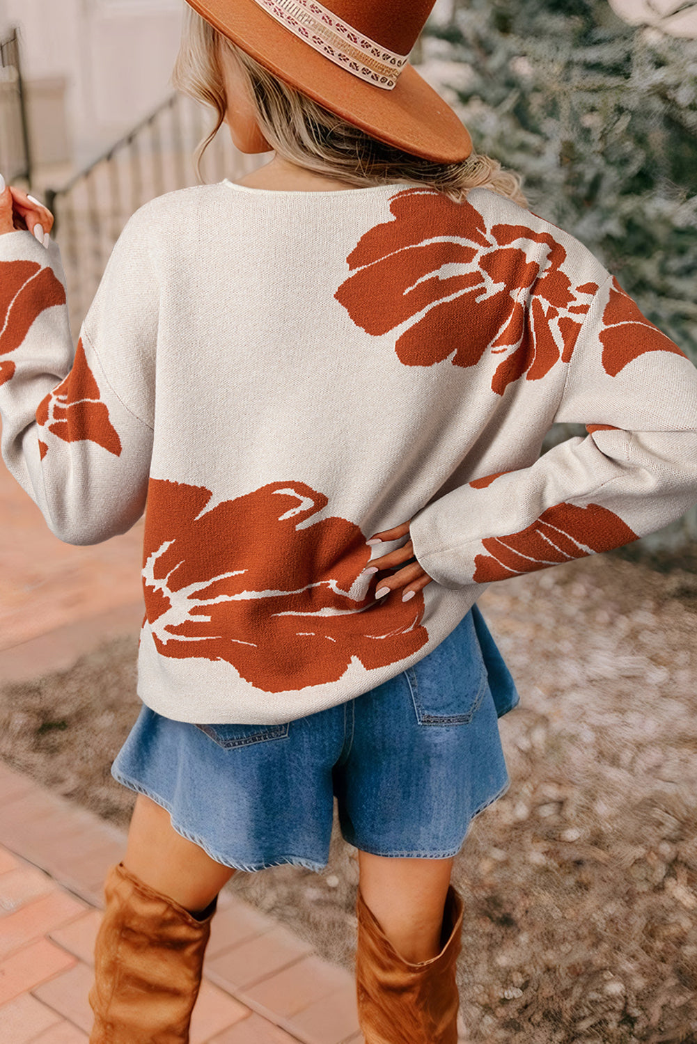 Beige Flower Pattern Drop Sleeve Baggy Sweater - Velvet Stardust Co.