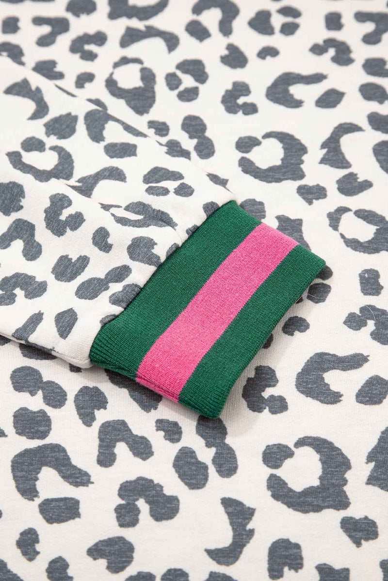 Gray Leopard Contrast Trim Long Sleeve Pullover and Pants Set