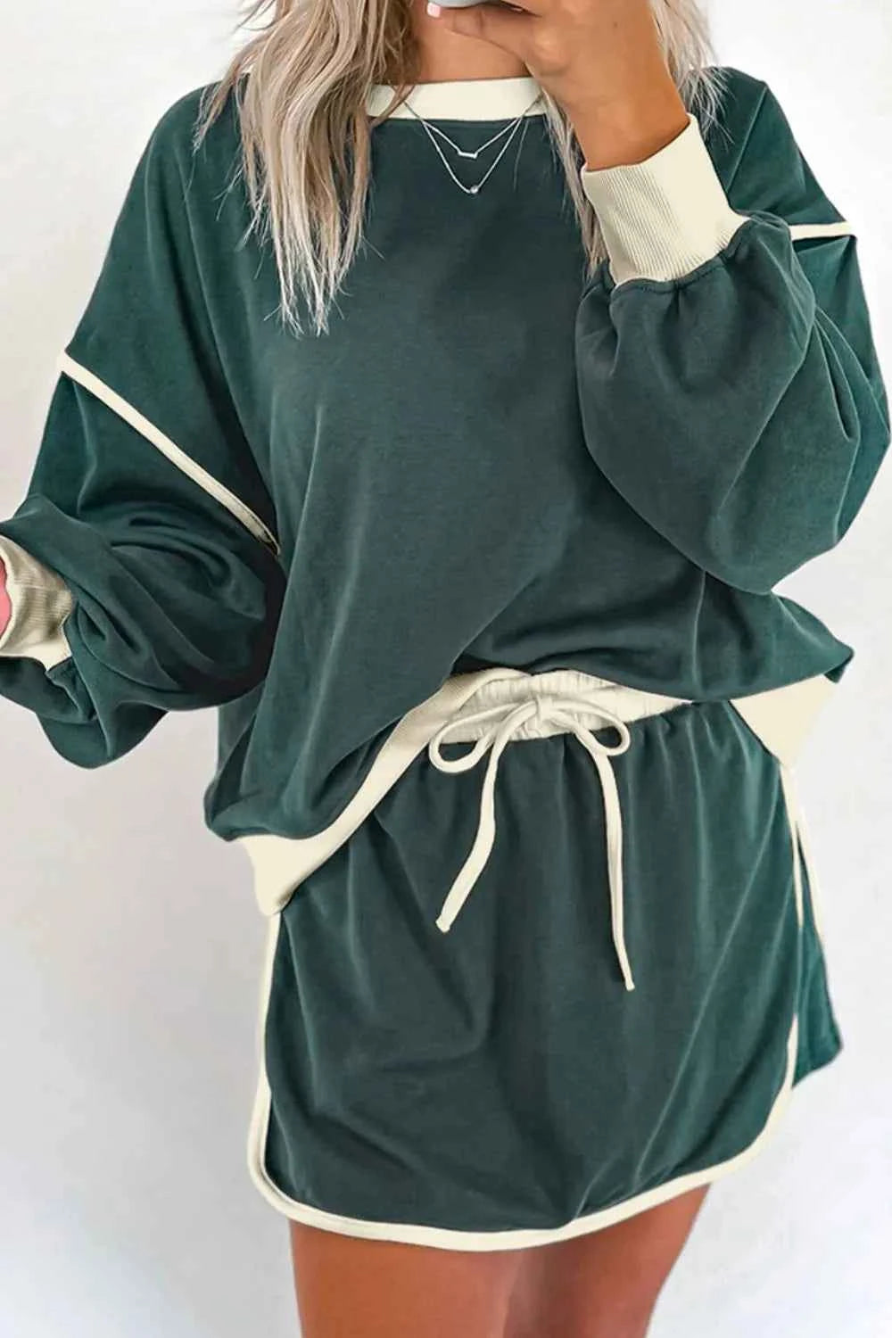 Contrast Trim Round Neck Top and Skort Set - Velvet Stardust Co.