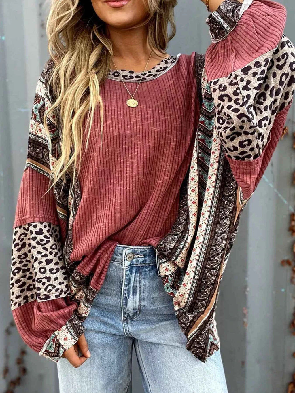 Velvet Stardust Co. Leopard Colorblock Ribbed Top – Boho Long Sleeve Knit Pullover - Velvet Stardust Co.