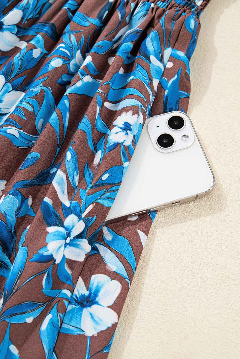 Blue Smocked Bodice High Waist Ruffled Sleeve Floral Dress