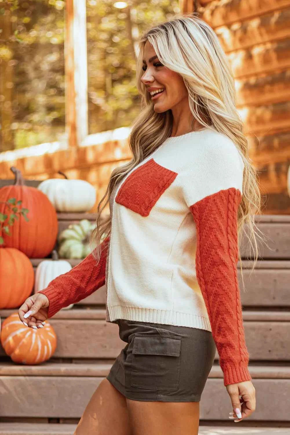 Color Block Round Neck Long Sleeve Sweater - Velvet Stardust Co.