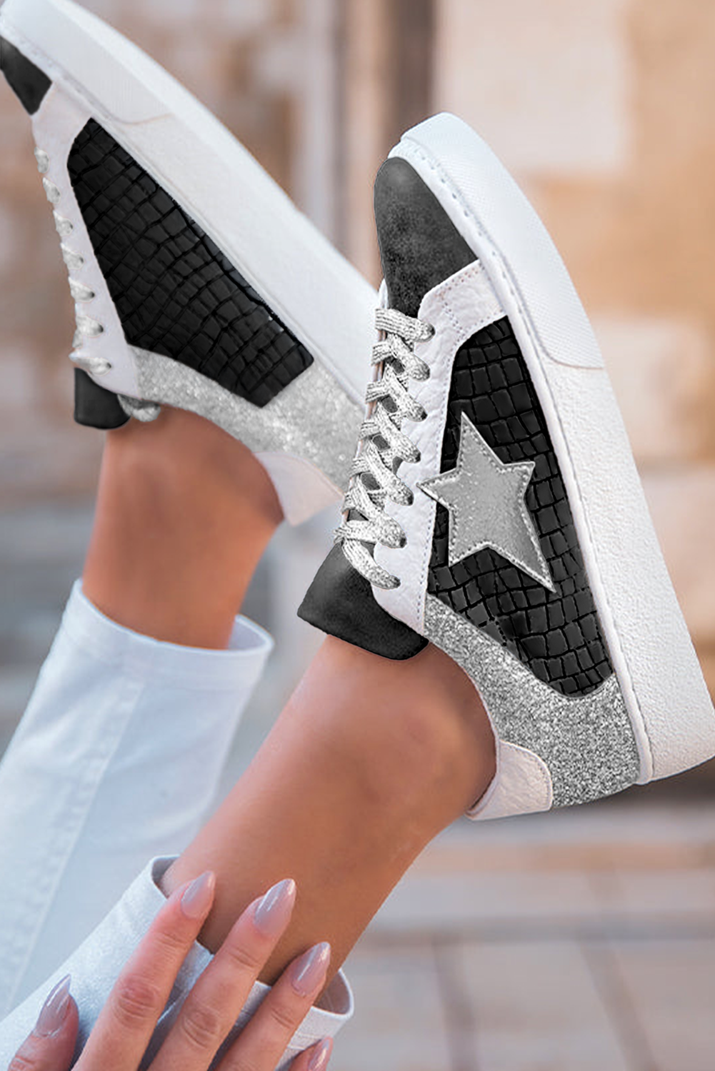 Gold Glitter Star Patchwork PU Leather Lace-up Sneakers - Velvet Stardust Co.