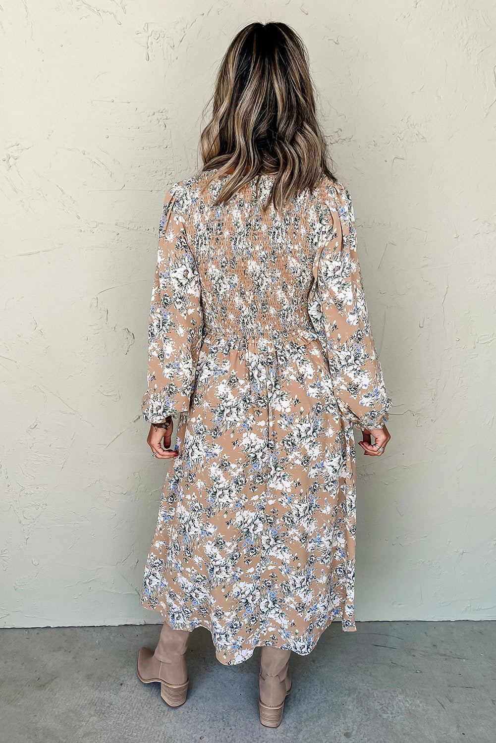 Khaki Maple Grove Floral Smocked Puff Sleeve Long Dress - Velvet Stardust Co.