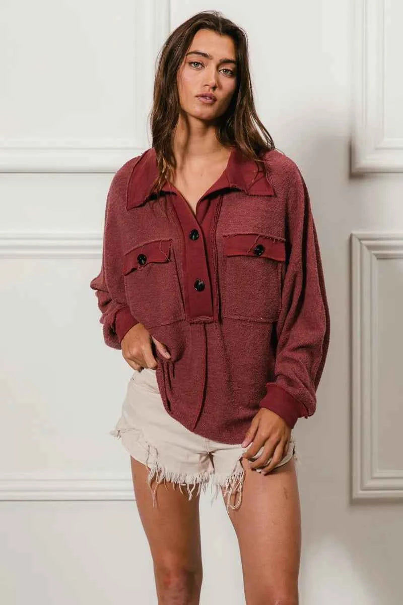 BiBi Cp French Terry Cut Edge Detail Collared Top - Velvet Stardust Co.