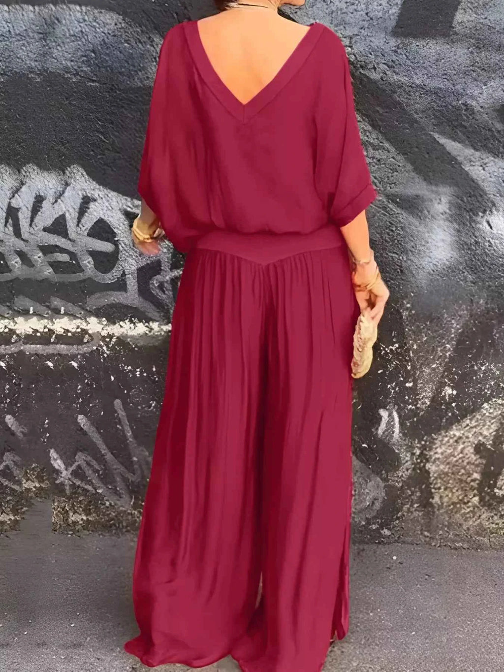 V-Neck Top and Wide Leg Pants Two-Piece Set