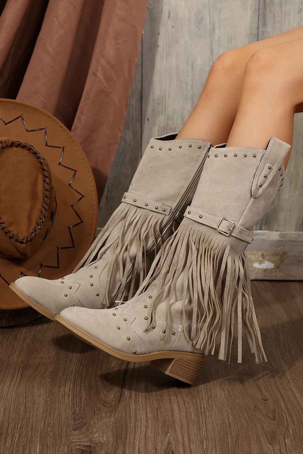 Jet Stream Faux Suede Studded Fringe Trim Heel Boots - Velvet Stardust Co.