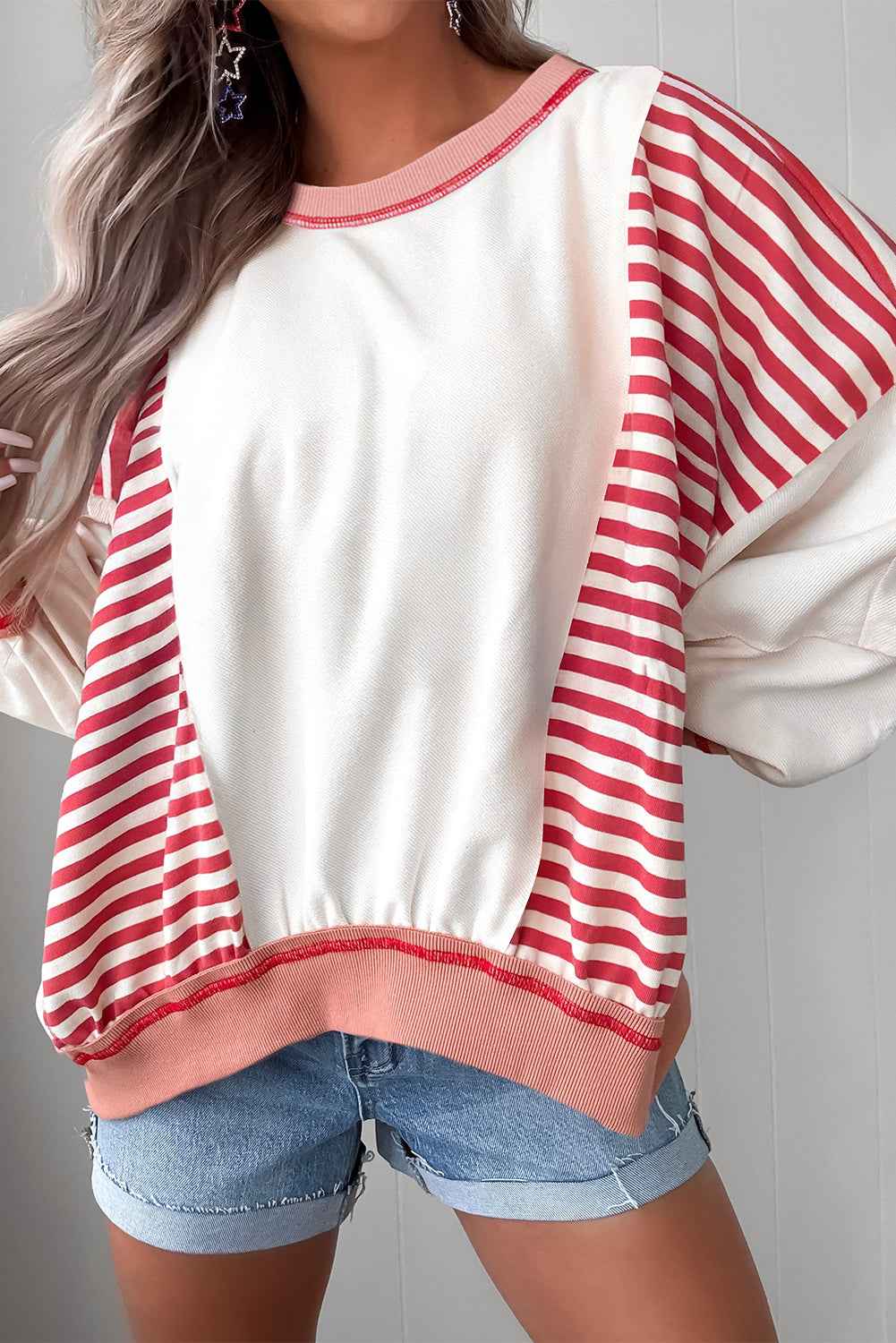Red Striped Christmas Colorblock Patchwork Oversized Sweatshirt - Velvet Stardust Co.