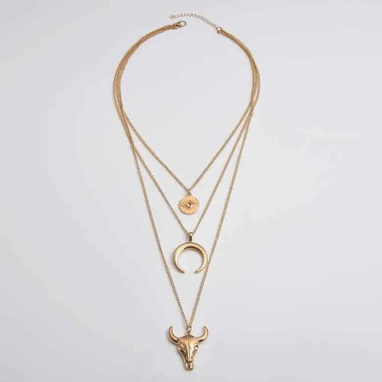 Alloy Three-Layered Bull Head Pendant Necklace - Velvet Stardust Co.