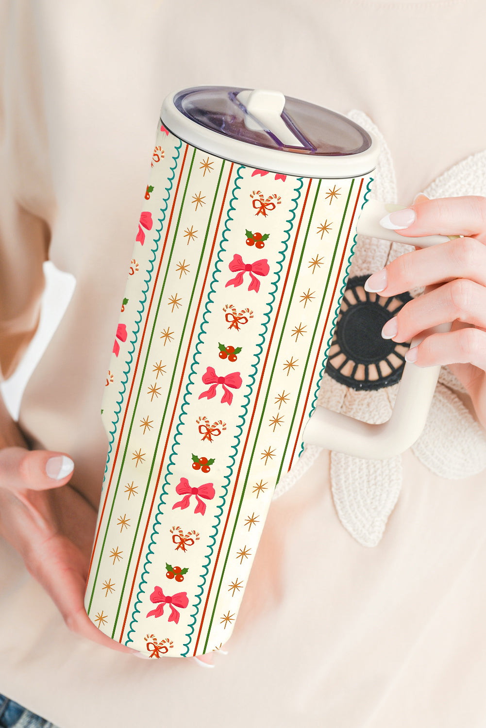White Christmas Sweet Bow Print Travel Mug with Handle and Straw - Velvet Stardust Co.