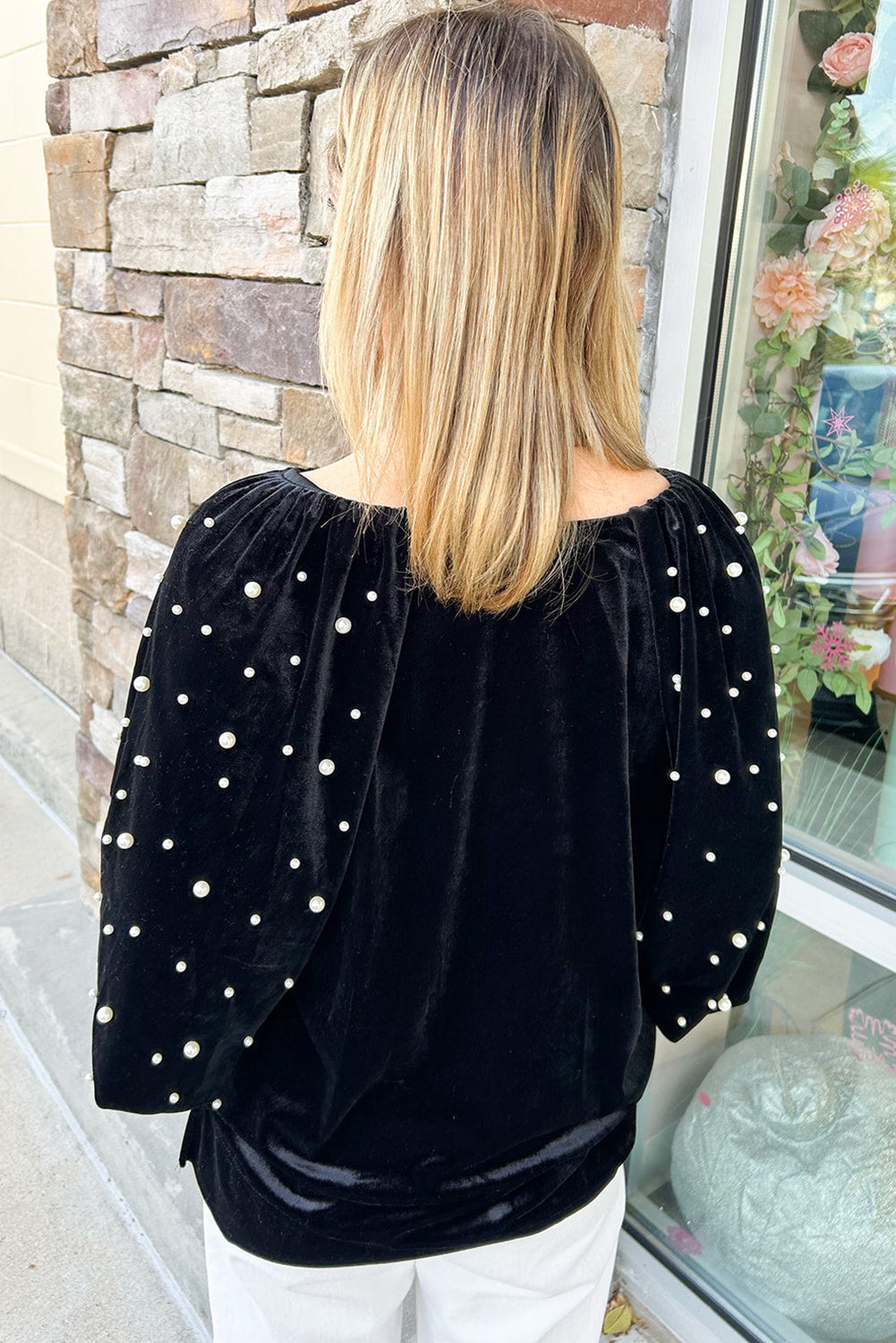 Black Pearl Beaded Half Sleeve Velvet Top - Velvet Stardust Co.