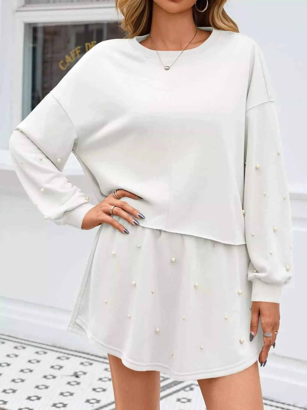 Pearl Embellished Round Neck Top and Skort Set - Velvet Stardust Co.