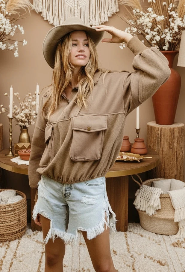 BiBi Half Zip Vintage Washed Fleece Pullover - Velvet Stardust Co.