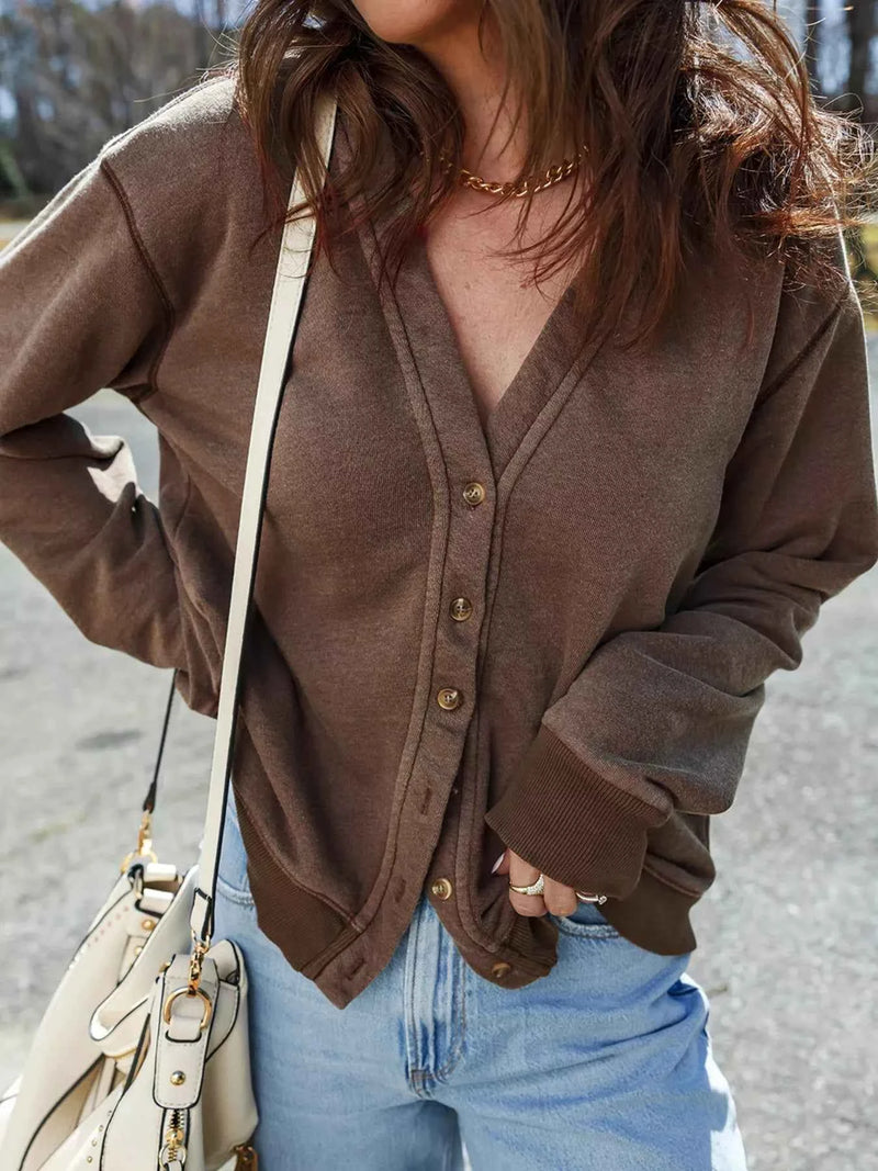 Button Front V-Neck Casual Cardigan – Cozy Boho Knit Layer for Fall