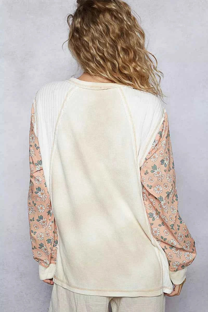 POL Exposed Seam Star Patch Thermal Top with Floral Sleeves