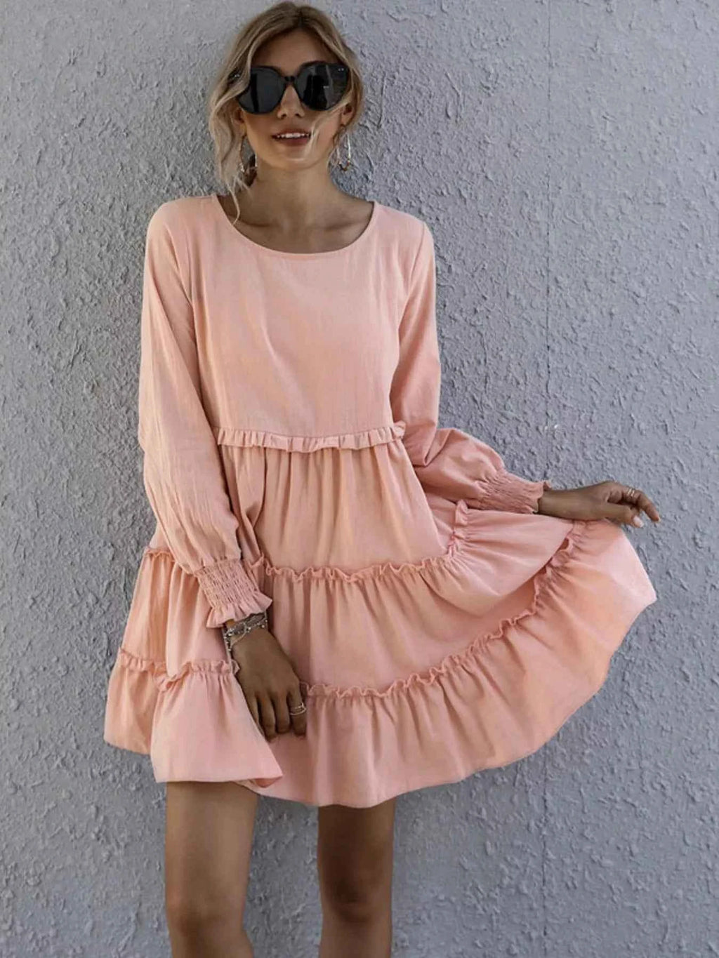 Ruffle Tiered Long Sleeve Mini Dress - Velvet Stardust Co.