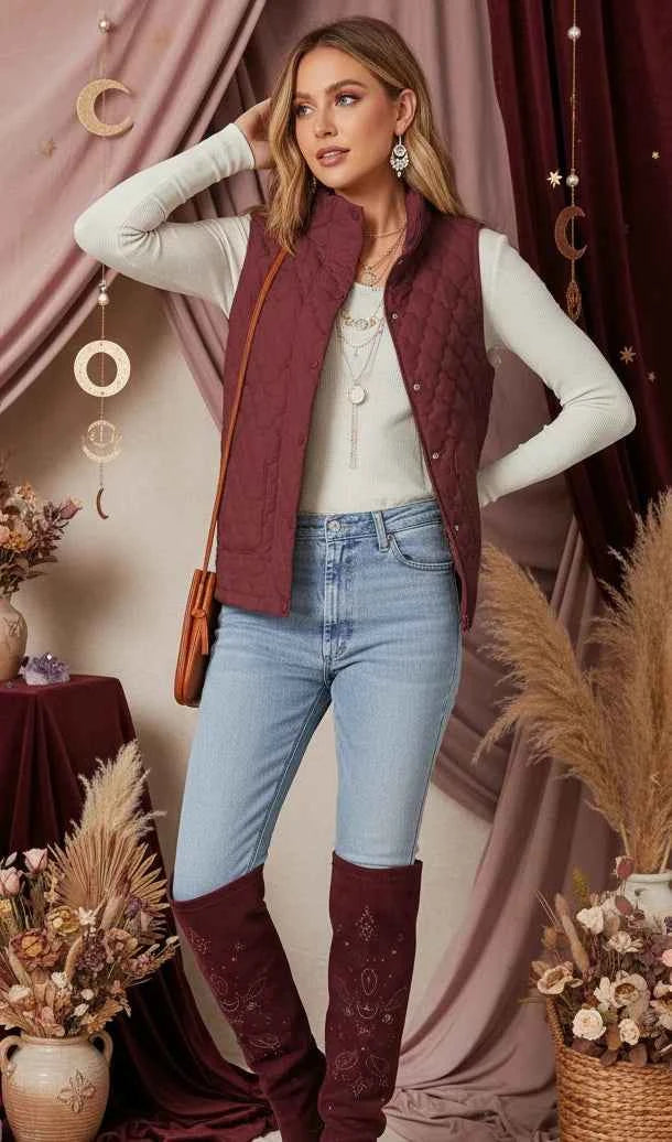 Quilted Snap Down Zip Up Vest Coat