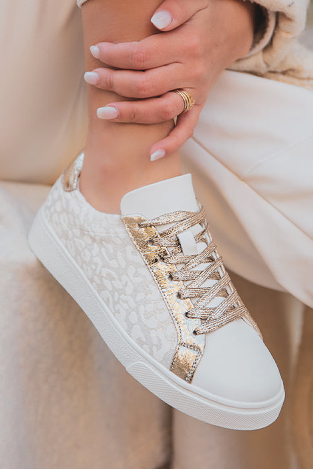 White Leopard Print Lace Up Sneaker - Velvet Stardust Co.