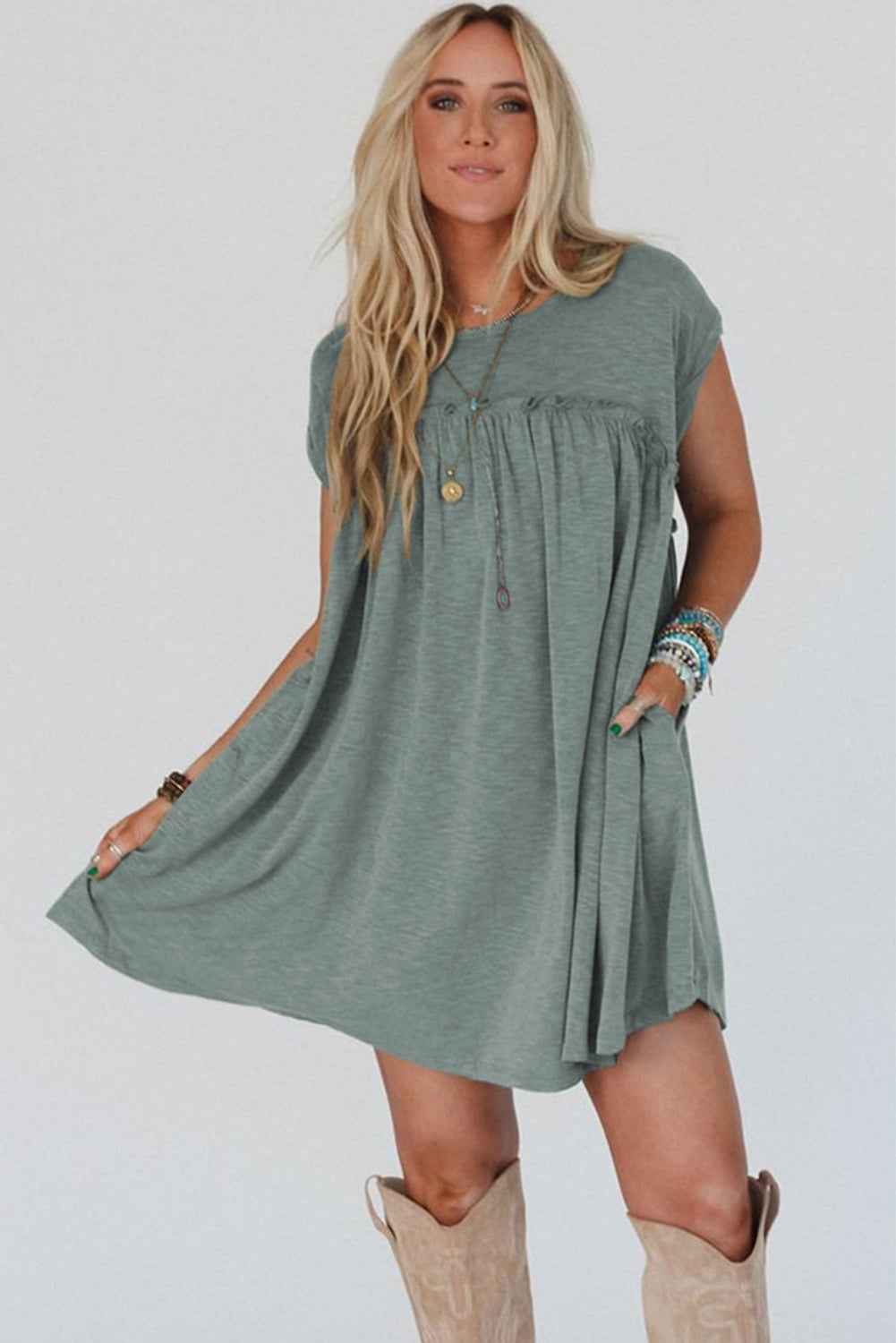 Mist Green Frilled Seam Round Neck T Shirt Dress - Velvet Stardust Co.