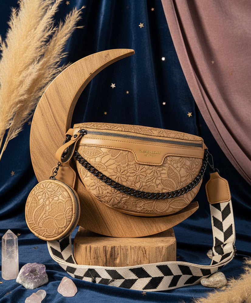Camel Vintage Floral PU Crossbody Bag with Coin Purse - Velvet Stardust Co.