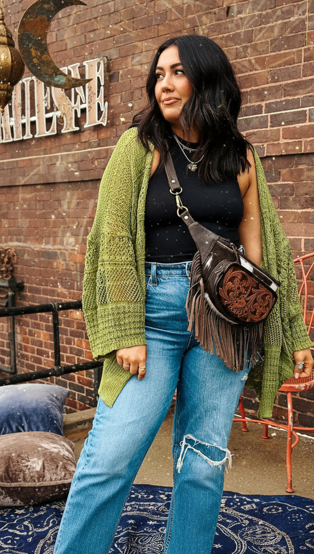 Spinach Green Oversize Crochet Knit Open Cardigan