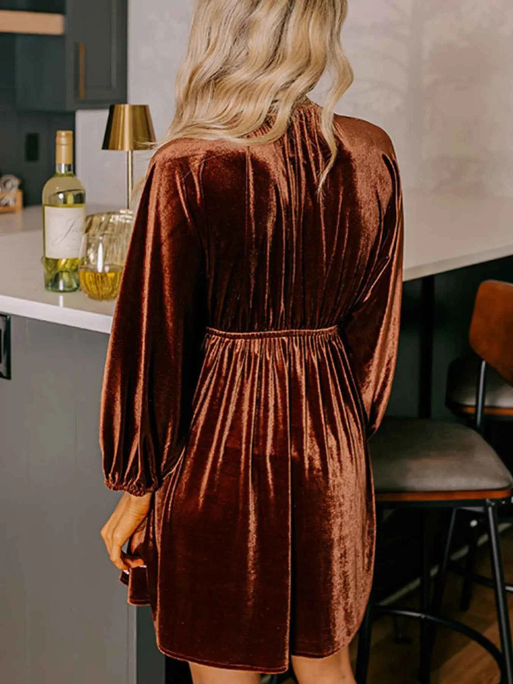 V Neck Puff Sleeve Velvet Dress - Velvet Stardust Co.