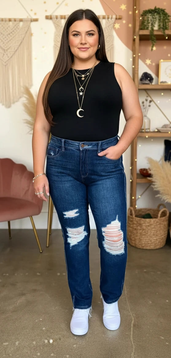 Judy Blue Full Size High Waist Rigid Magic Heavy Destroy Straight Jeans - Velvet Stardust Co.