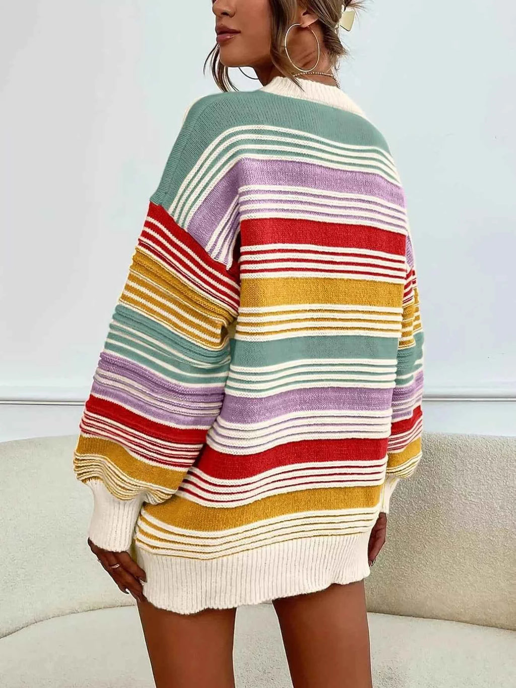 Rainbow Striped Drop Shoulder Oversized Sweater - Velvet Stardust Co.