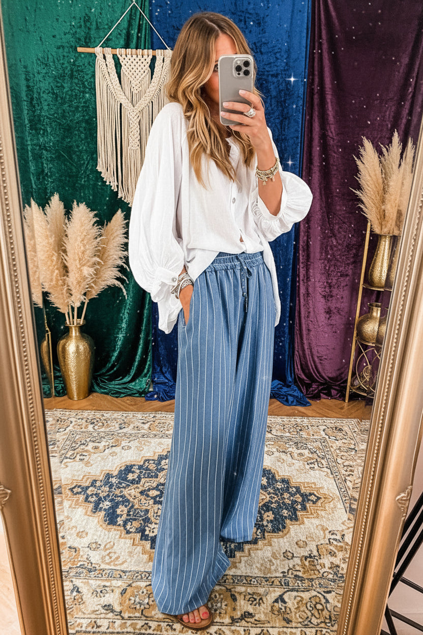 Sky Blue Stripe Chambray Wide Leg Tied Elastic Waist Trousers - Velvet Stardust Co.