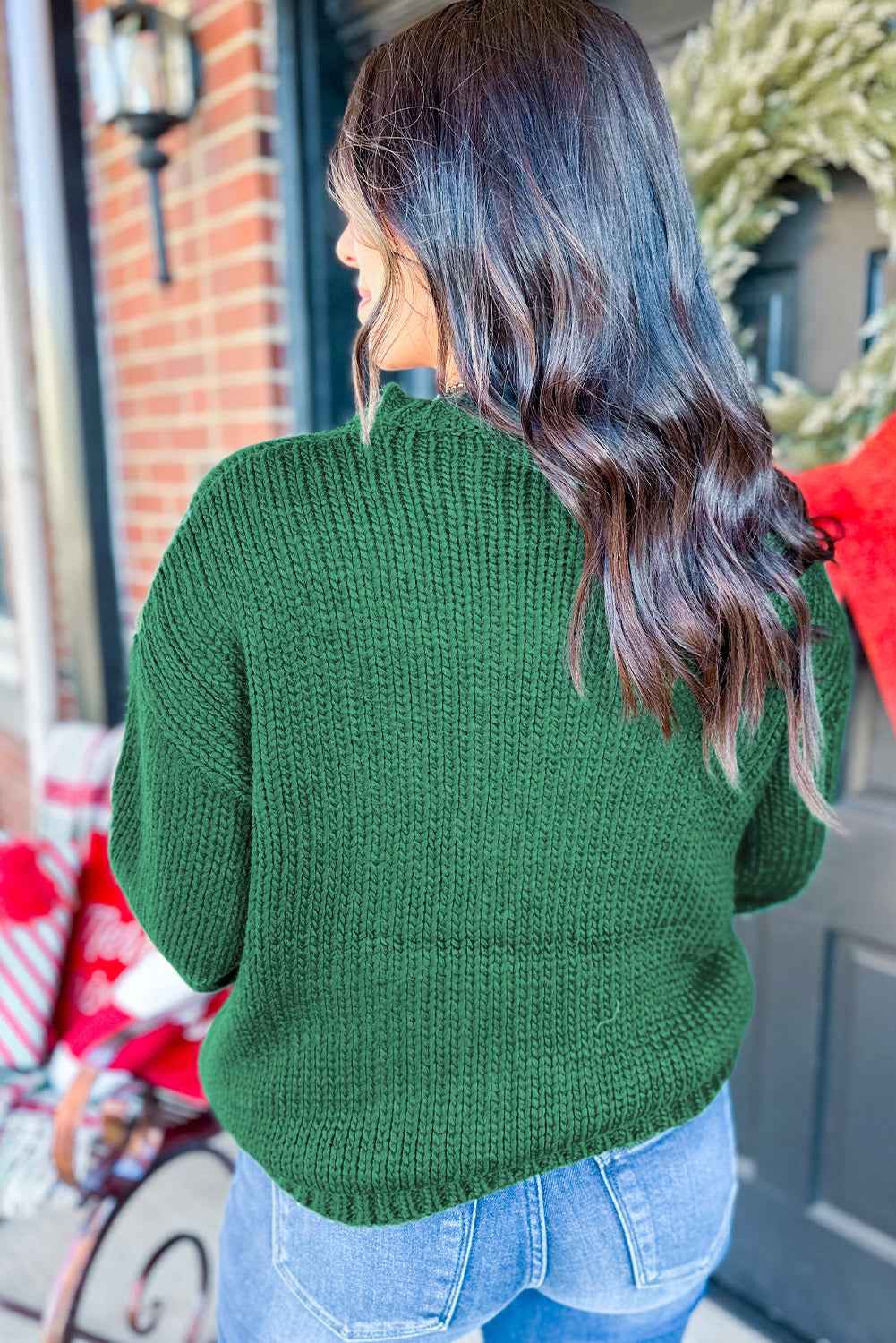 Evergreen Plaid Bow Graphic Christmas Sweater - Velvet Stardust Co.