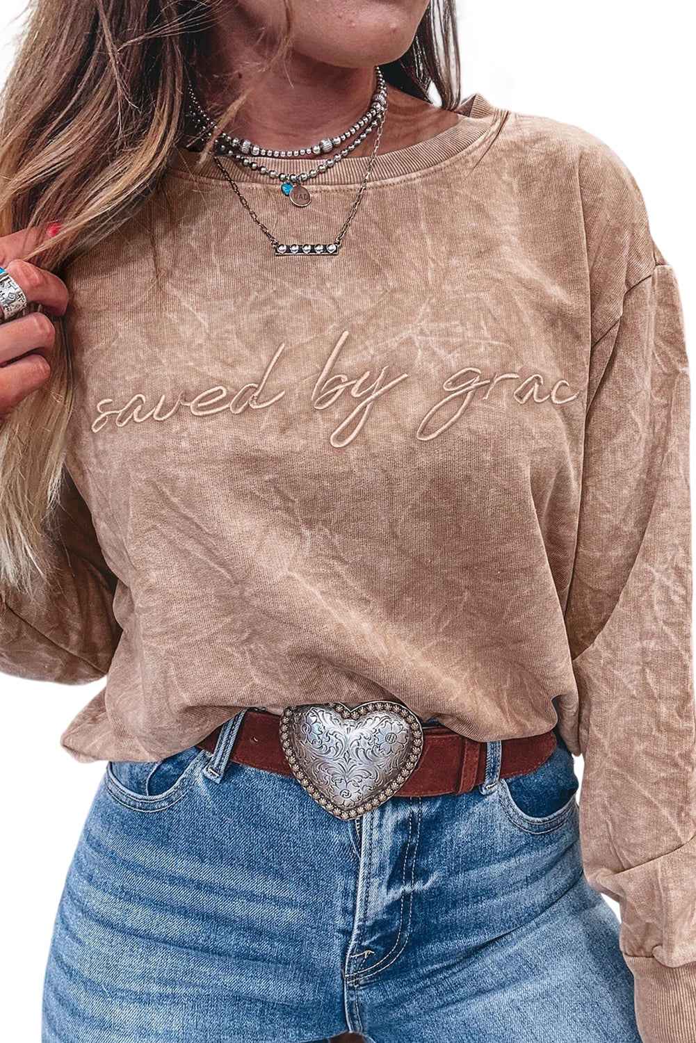 Dune saved by grace Letter Embroidery Mineral Wash Loose Sweatshirt - Velvet Stardust Co.
