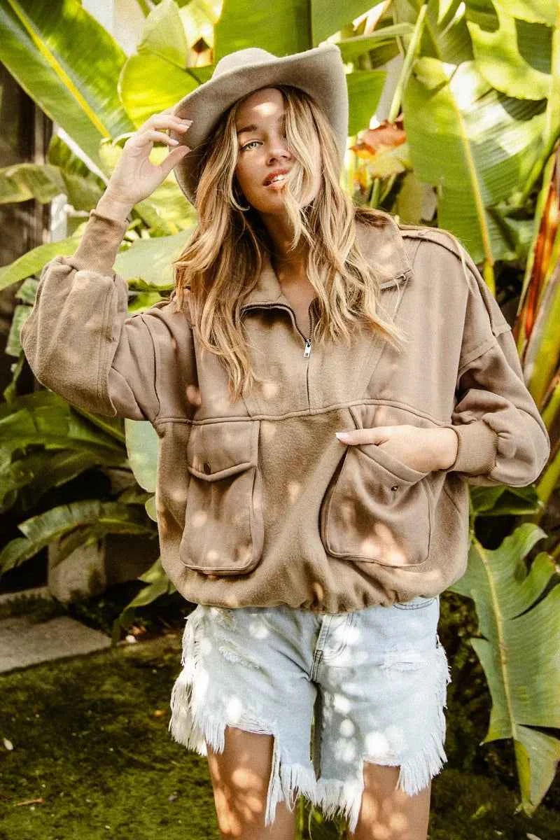 BiBi Half Zip Vintage Washed Fleece Pullover - Velvet Stardust Co.