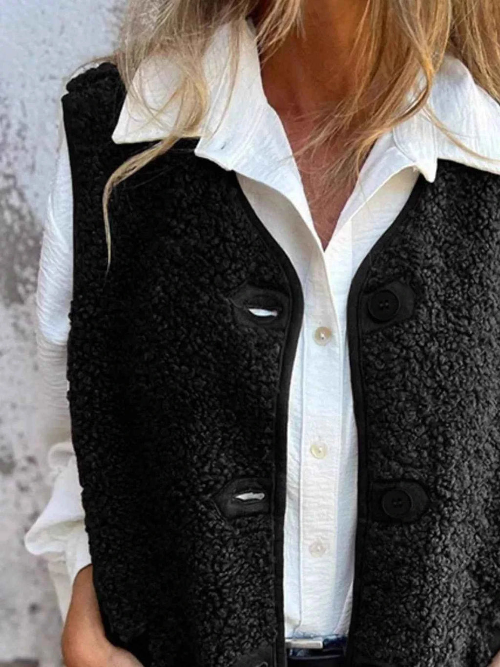 Full Size Cozy Sherpa Fleece Button-Up Vest Coat with Pockets Plus Size - Velvet Stardust Co.