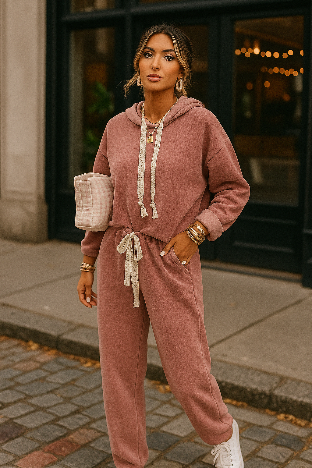 Lace Detail Dropped Shoulder Hoodie & Pants Set – Boho Loungewear with Chic Comfort