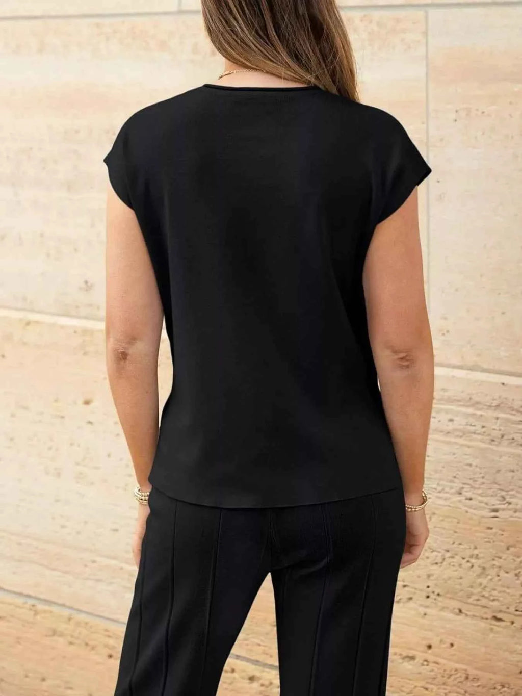 Casual Solid Color Cap Sleeve Top and Pants Knit Set