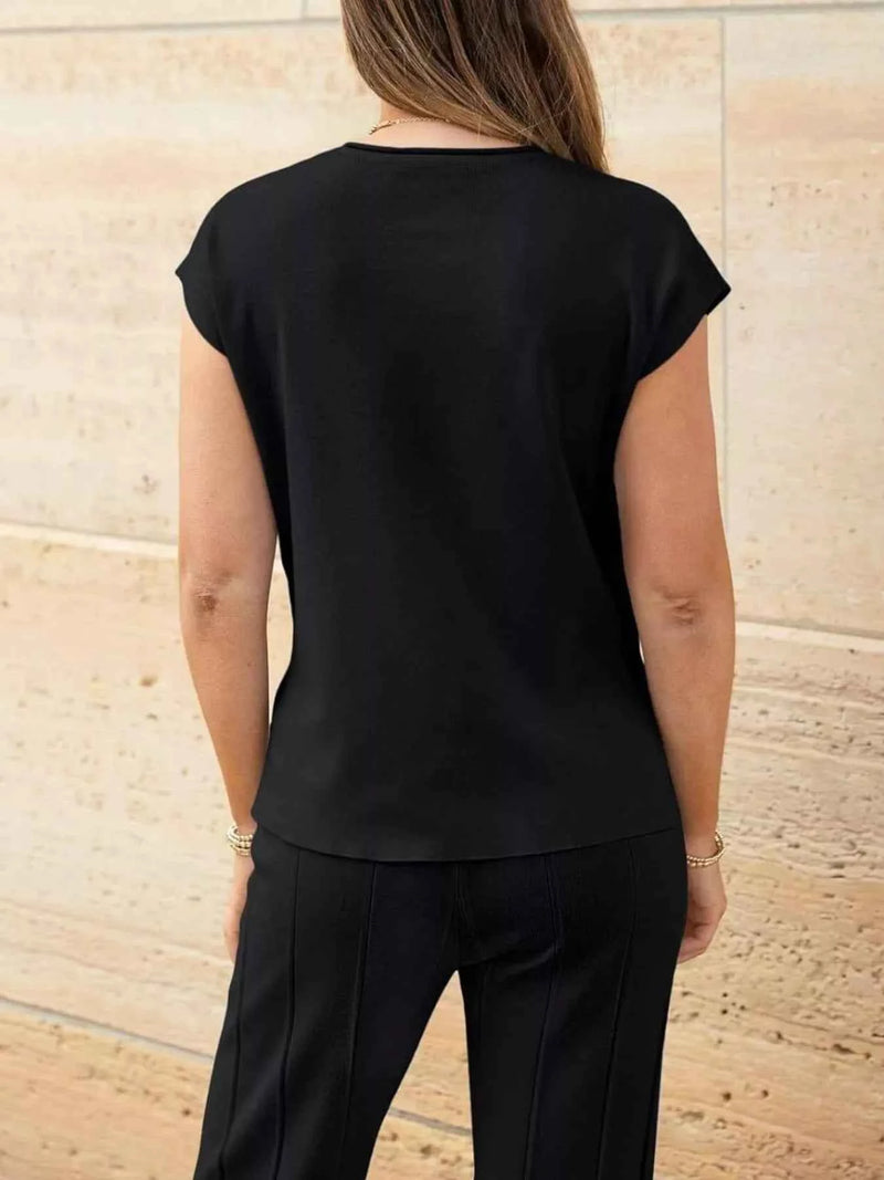 Casual Solid Color Cap Sleeve Top and Pants Knit Set