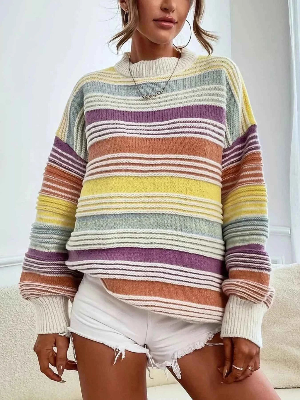 Rainbow Striped Drop Shoulder Oversized Sweater - Velvet Stardust Co.