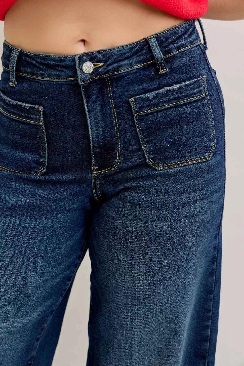 Judy Blue High Waist Palazzo Jeans with Front Patch Pockets - Velvet Stardust Co.