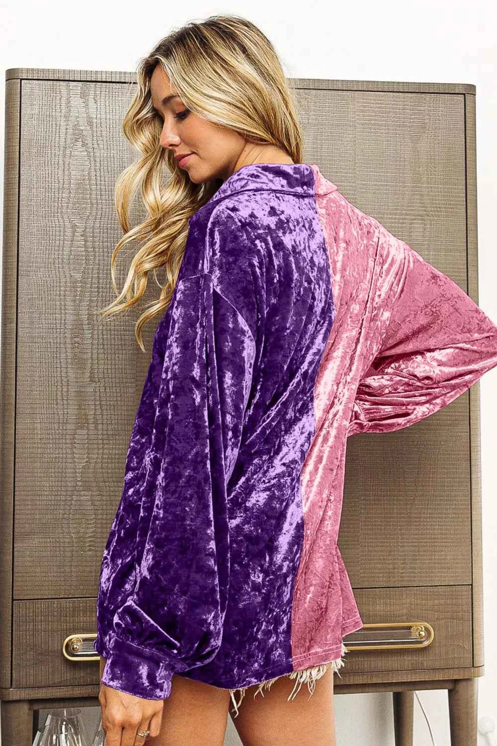 BiBi Contrast Button Up Long Sleeve Shirt - Velvet Stardust Co. - Velvet Stardust Co.